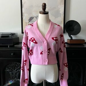 Pink Mushroom-Print Cropped V-Neck Cardigan Sweater